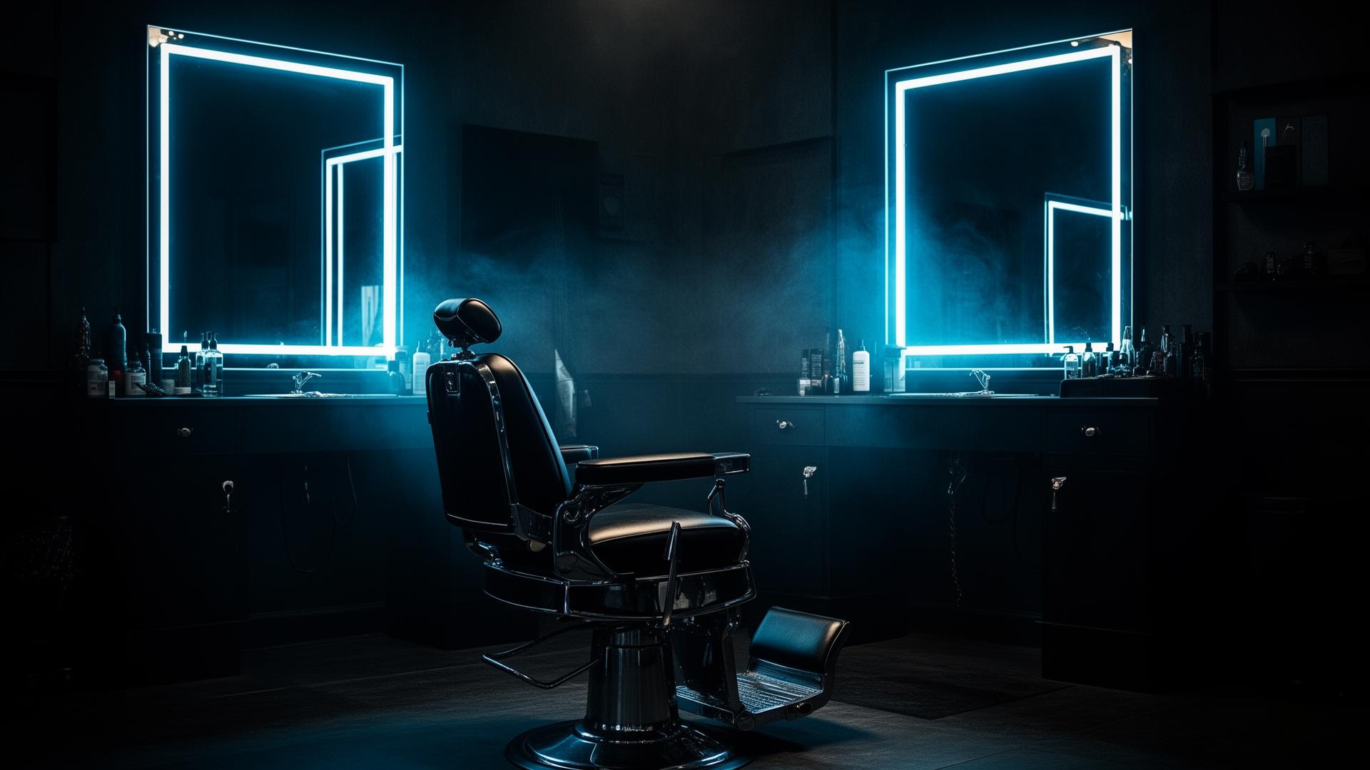 Cinematic dark barbershop with neon mirrors